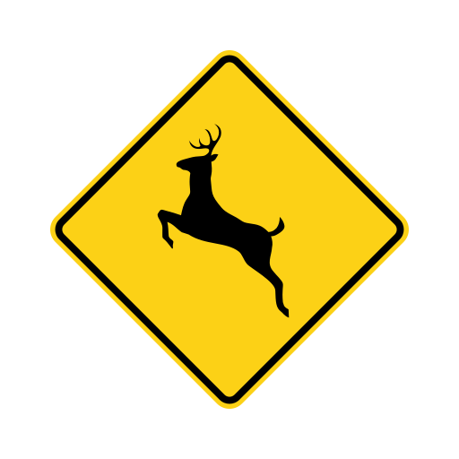 A yellow diamond with a black border contains the silhouette of a leaping deer with antlers.