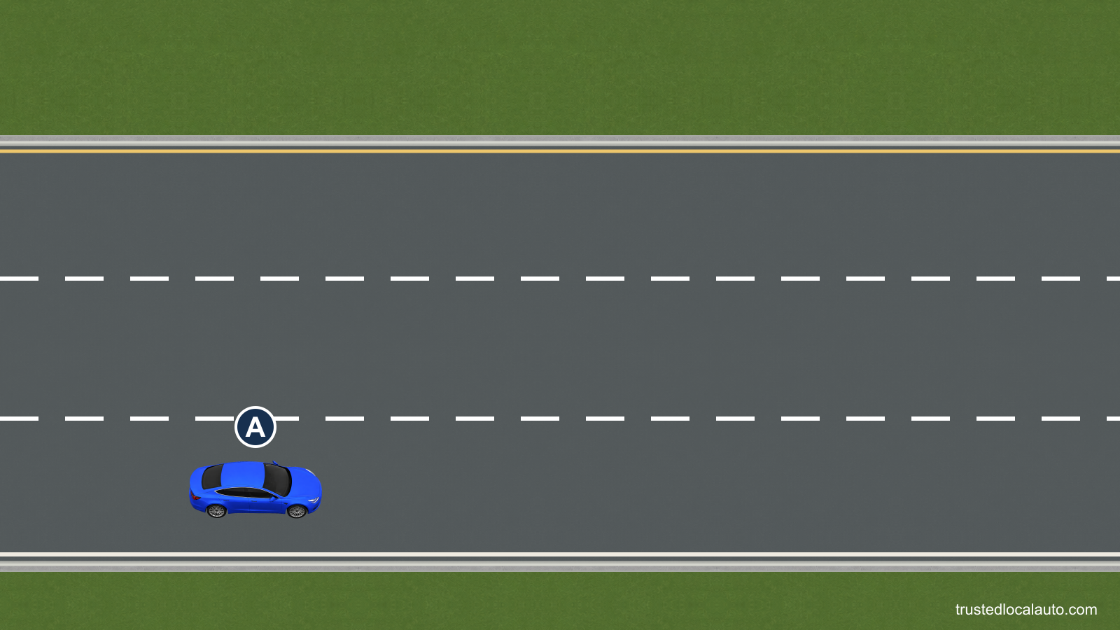A is in the right lane of a three-lane freeway. The center lane and far-left lane are both visible.