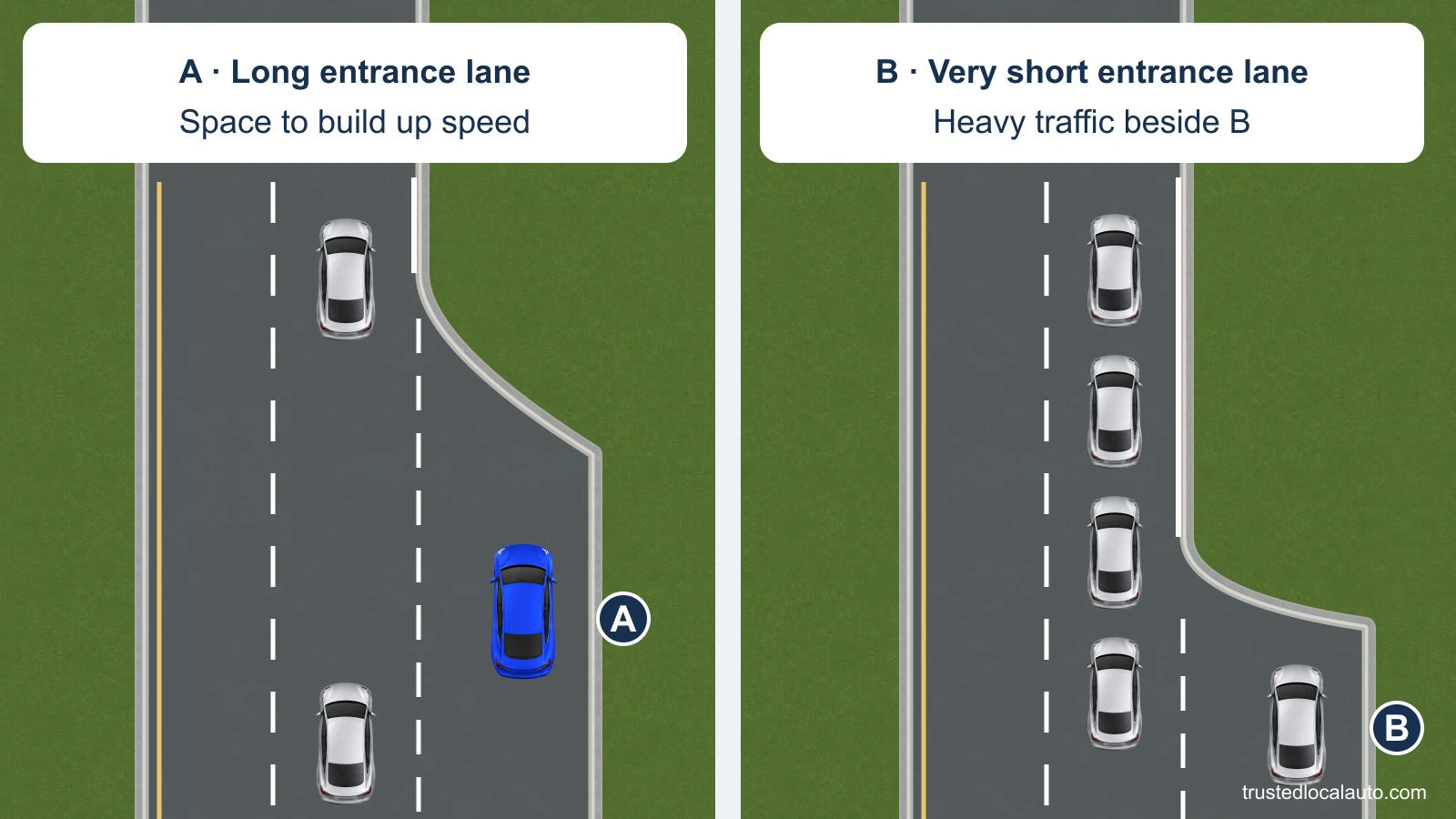Two separate northbound expressway entrances are compared. A has a long lane beside a gap in traffic; B has a much shorter lane with closely spaced cars alongside it.
