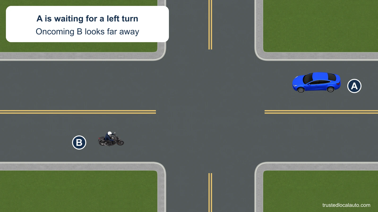 A waits on the right side of the picture to turn left. Motorcycle B approaches the intersection from the opposite direction, with a narrow profile compared with the car.