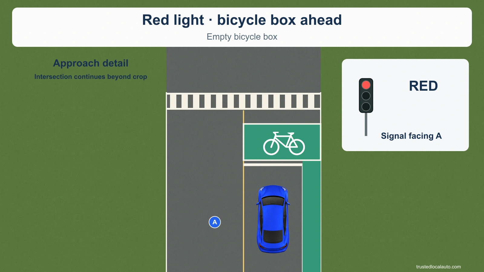 Blue A approaches a red signal. A green bicycle box lies between the motor-vehicle stop bar and the crosswalk. The bicycle box is empty.