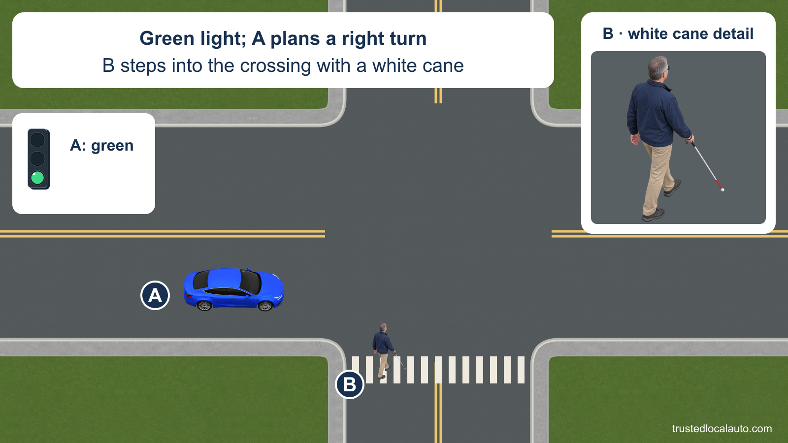 A approaches a right turn under a green signal. Pedestrian B, shown with a white cane in the crossing and enlarged in a detail panel, has stepped into the street A intends to enter.