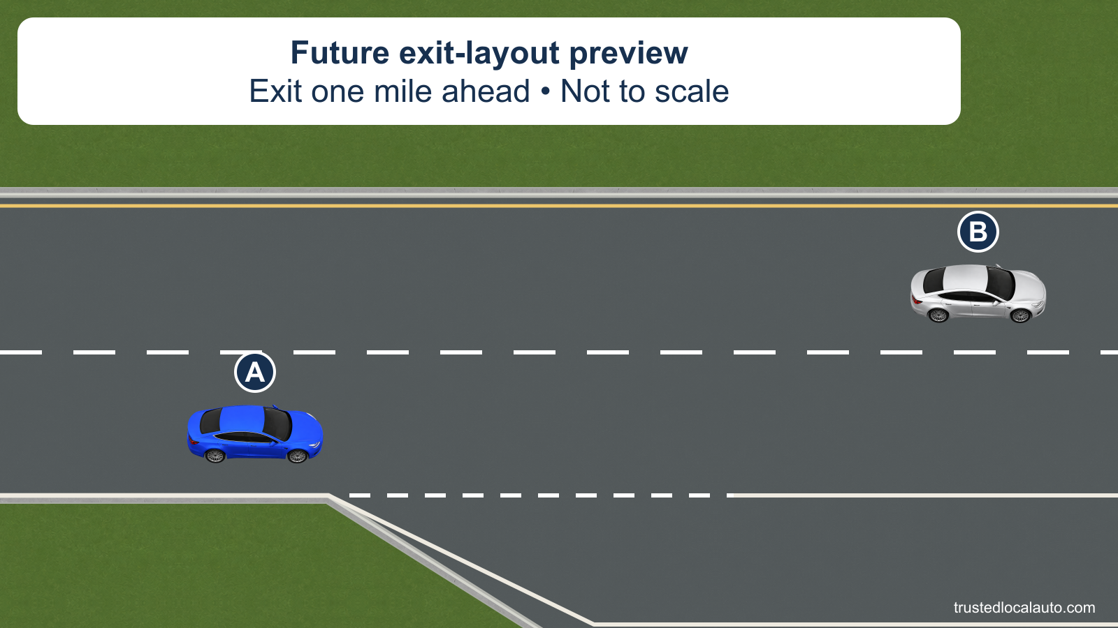 A future exit-layout preview, marked not to scale, states that the Interstate exit is one mile ahead. Blue A and silver B are in through lanes; no speed, braking cue or selected route appears.