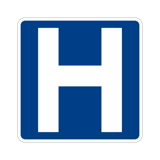 A blue square with a white border contains a large white H.