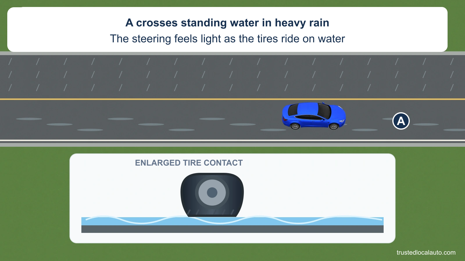 Blue A travels on a wet highway through patches of standing water. An enlarged tire detail shows water between the tire and pavement; it is a separate scale. No recovery path is drawn.