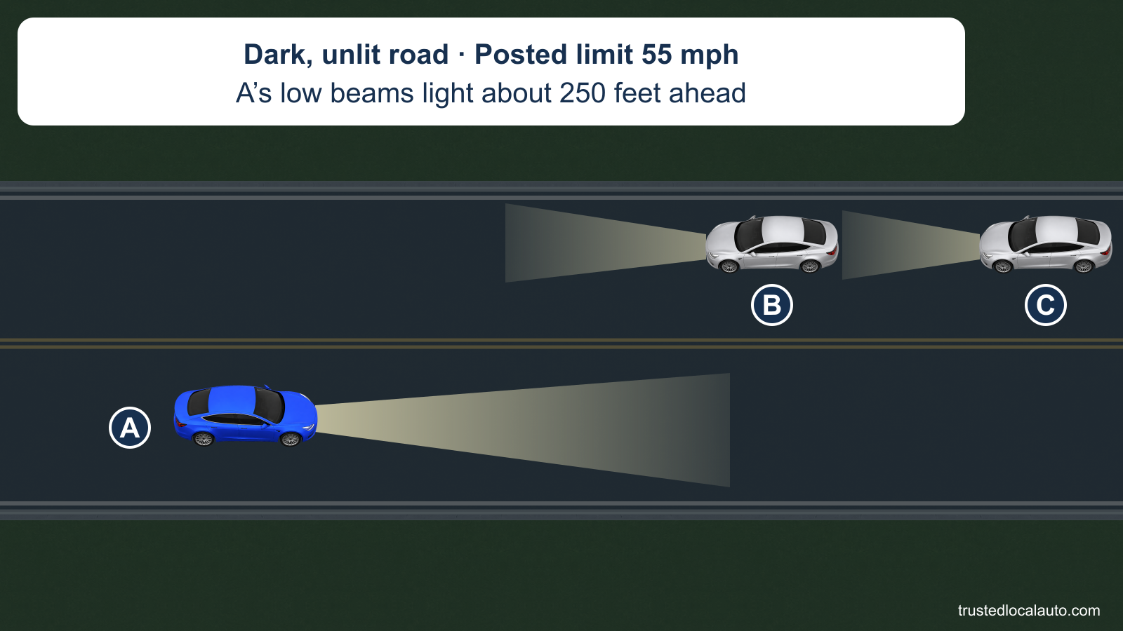 Blue A uses low beams on a dark, unlit two-way road as two silver cars approach in the other lane. The card gives the posted limit as 55 mph and the low-beam reach as about 250 feet.