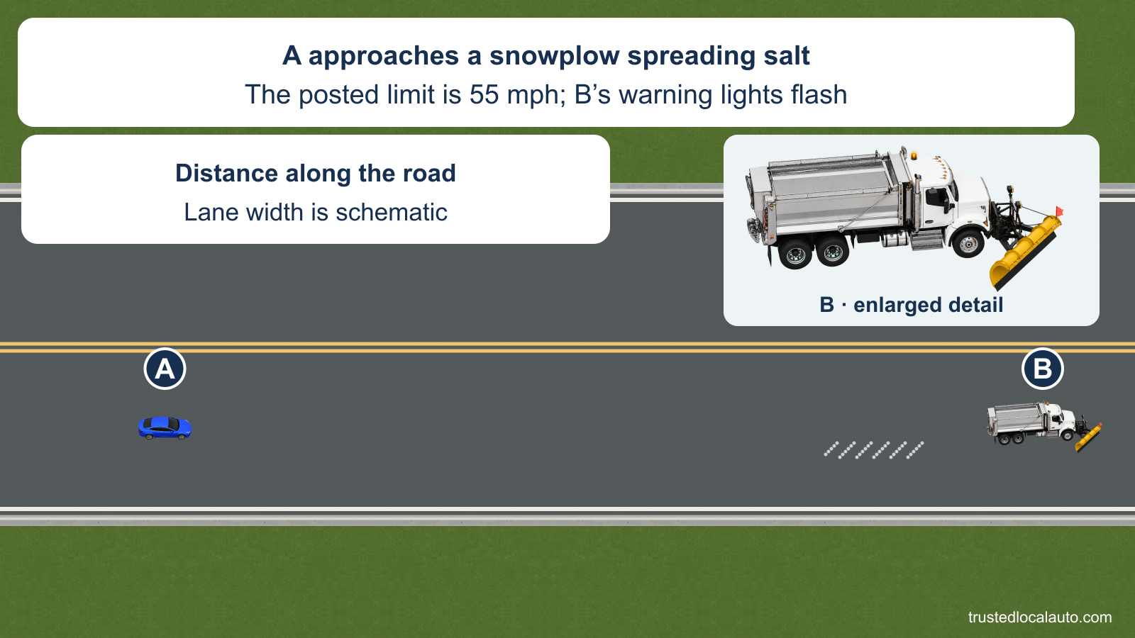 Small A follows a working snowplow B on a two-way road. A separate enlargement identifies the plow and spreader. The neutral card repeats the 55 mph limit and flashing-warning facts.