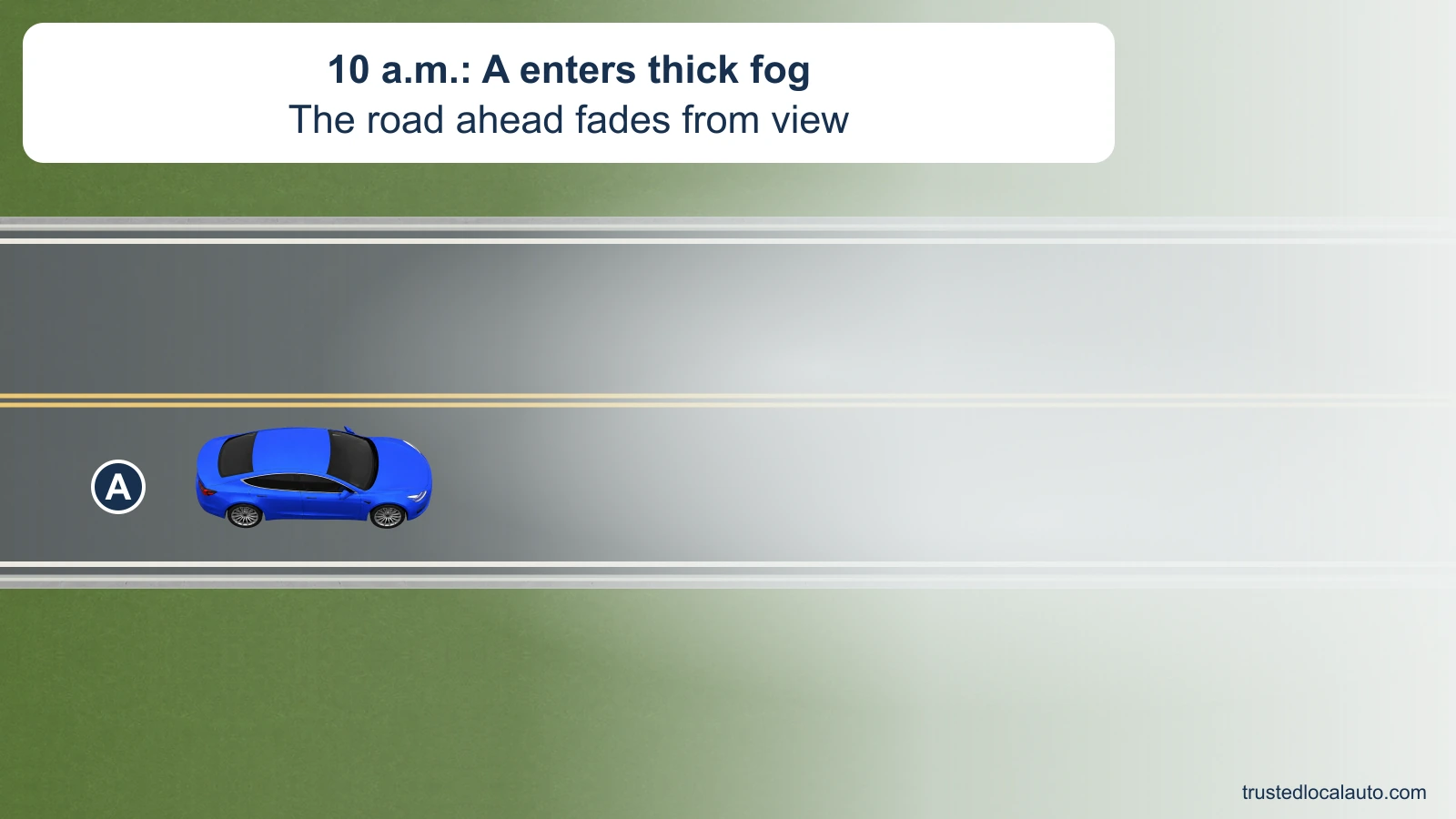 A enters thick fog at 10 a.m. on a two-lane highway. The road and markings fade ahead, and no light setting is selected.