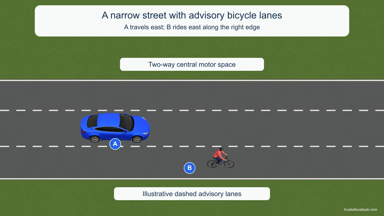 Blue car A travels east in the narrow central motor space. Cyclist B rides east ahead of A along the right advisory edge lane. White dashed boundaries separate advisory edge lanes from the central space; there is no painted center line.
