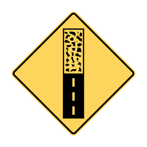 A yellow diamond contains a vertical road symbol: a black lower part with yellow dashes and an upper part with scattered black shapes.