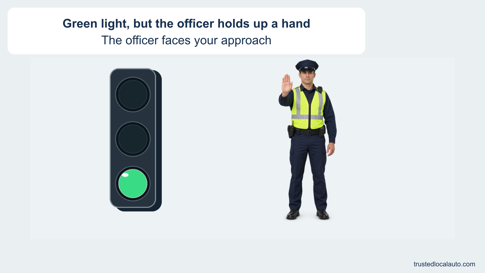A circular green light appears beside an officer facing the viewer with a hand raised palm-out. Neither control is selected or ranked.