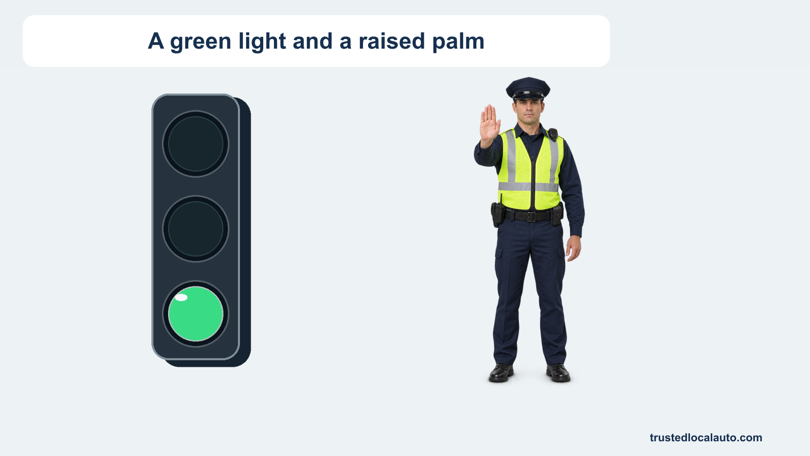 A traffic light shows green beside a police officer facing the driver with one hand raised, palm forward.