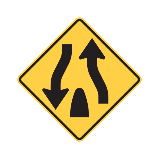 On a yellow diamond, two opposing black arrows pass a black median shape at the bottom and continue without a divider above it.