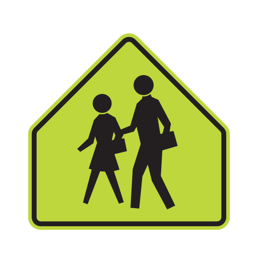 Fluorescent yellow-green pentagonal sign with two black walking figures.