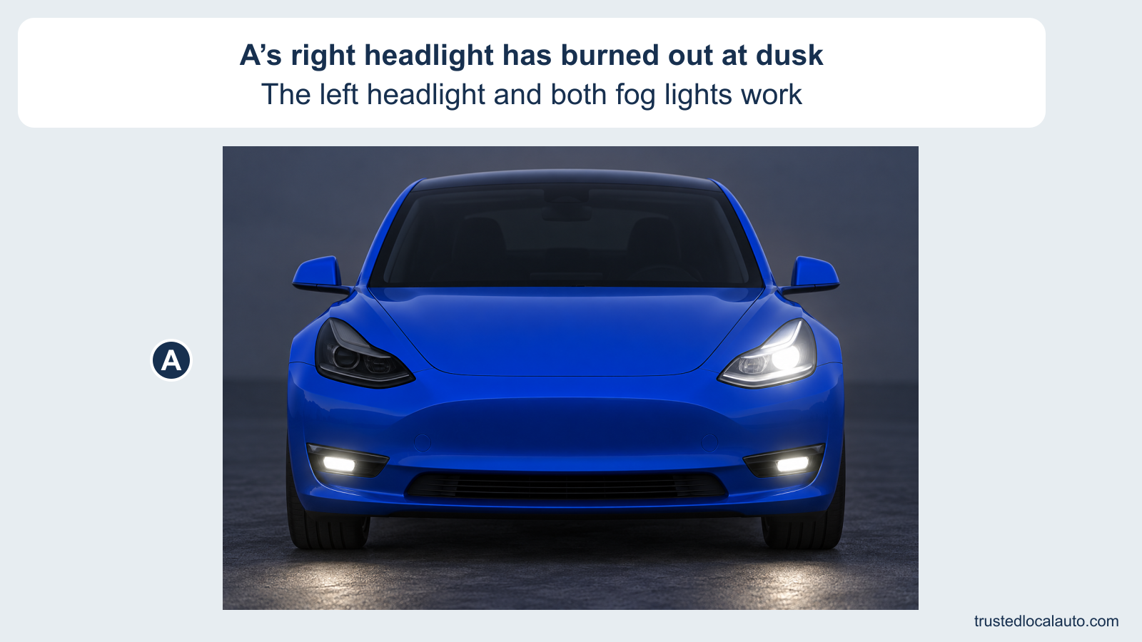 A front detail of blue car A at dusk shows the vehicle’s right headlight dark, on the viewer’s left. Its left headlight and two lower fog lamps are lit. No repair mark appears.