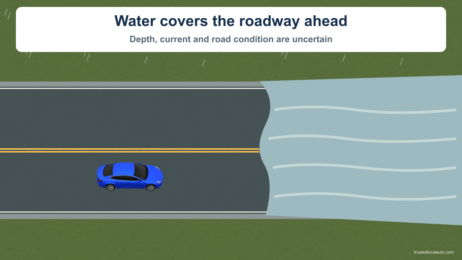 Car approaches water covering the full roadway ahead. Its depth and current are uncertain. The blue car remains before the water.