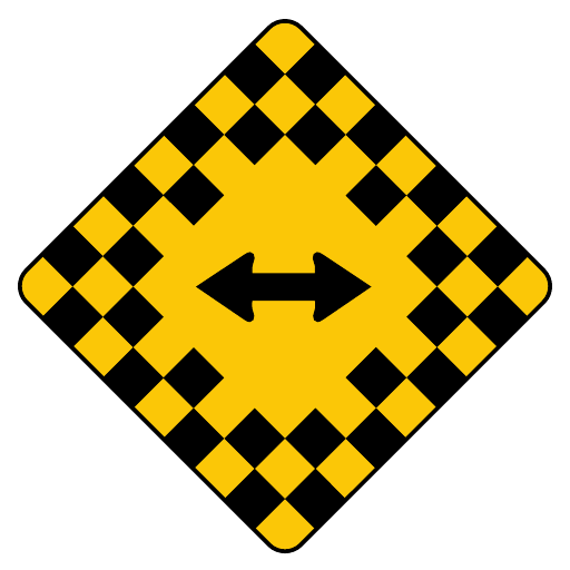 A yellow diamond has a black checkerboard border and a black double-headed horizontal arrow in the centre.