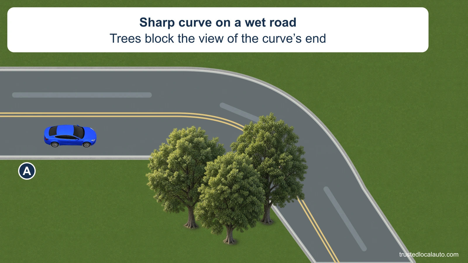 A approaches a sharp right-hand curve on a wet two-lane road. Trees on the inside of the bend obstruct the view of its end. The pavement has a wet sheen and A is still before the curve.
