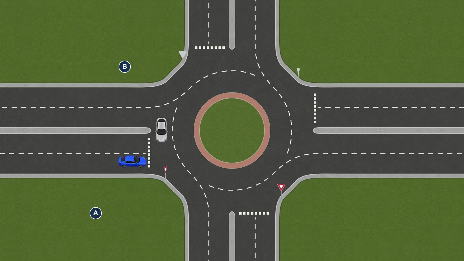 Blue car A is at a roundabout entrance. Silver car B is on the circular roadway.