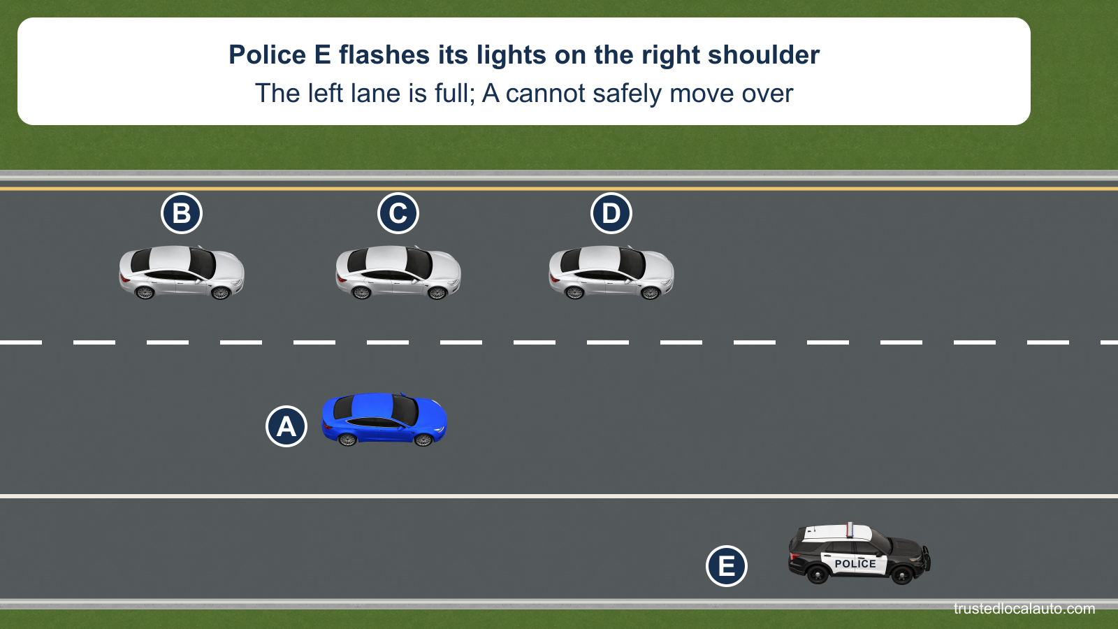 A is in the right lane of a highway. Three cars fill the left lane beside A; a police vehicle is stopped fully on the right shoulder ahead.