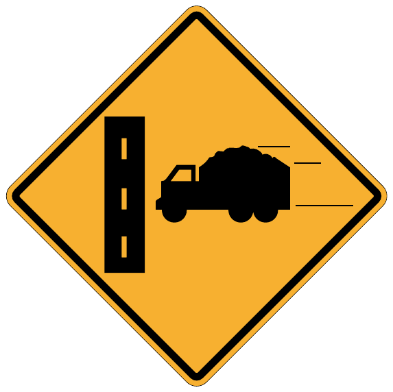 An orange diamond shows a black dump truck to the right of a vertical road strip with rectangular dashes; short lines trail the truck.