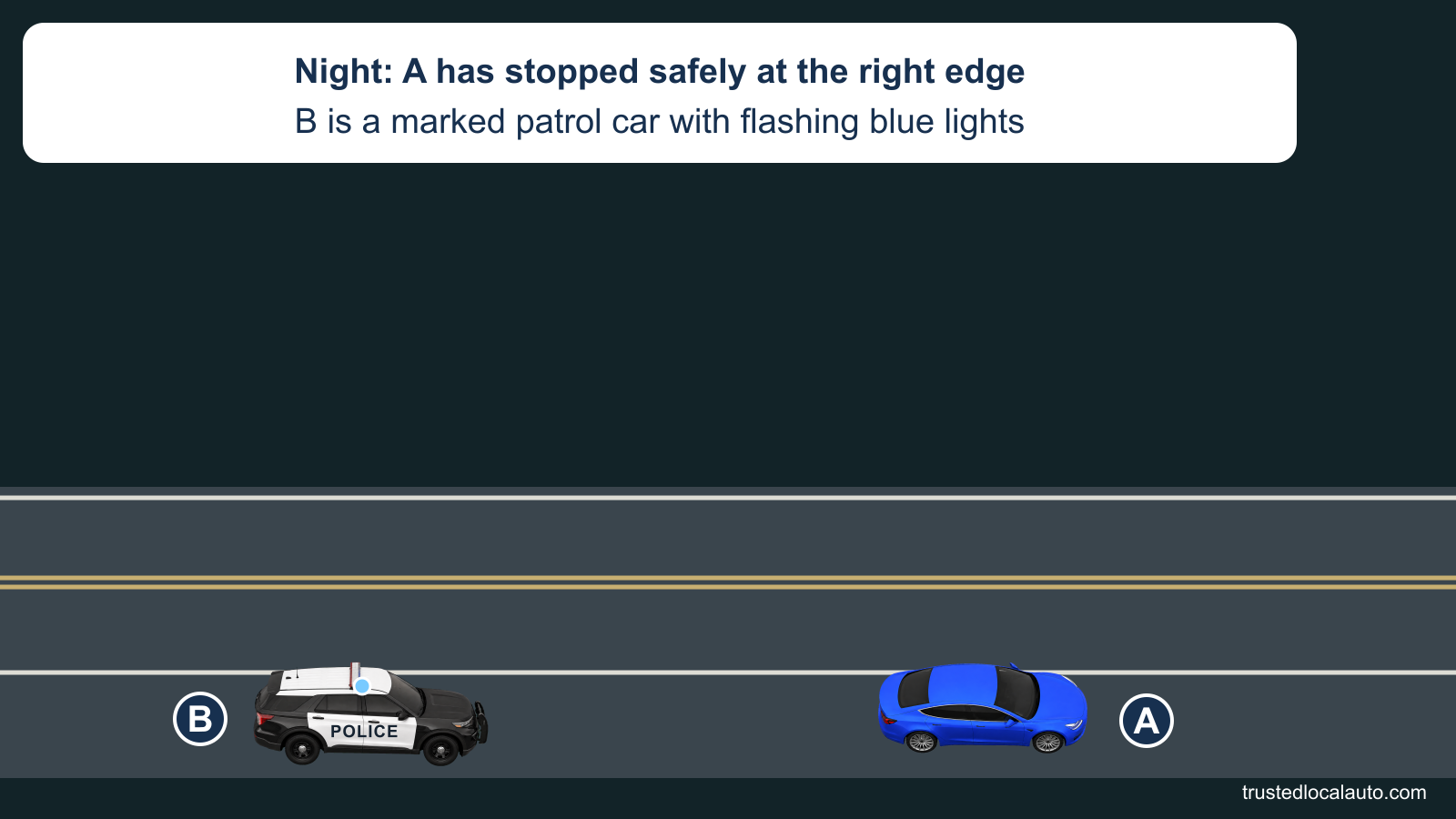 At night, blue A and marked patrol SUV B have stopped at the right edge, clear of an intersection.