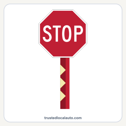 A rural STOP-sign post with three triangular reflective delineators beneath the sign.
