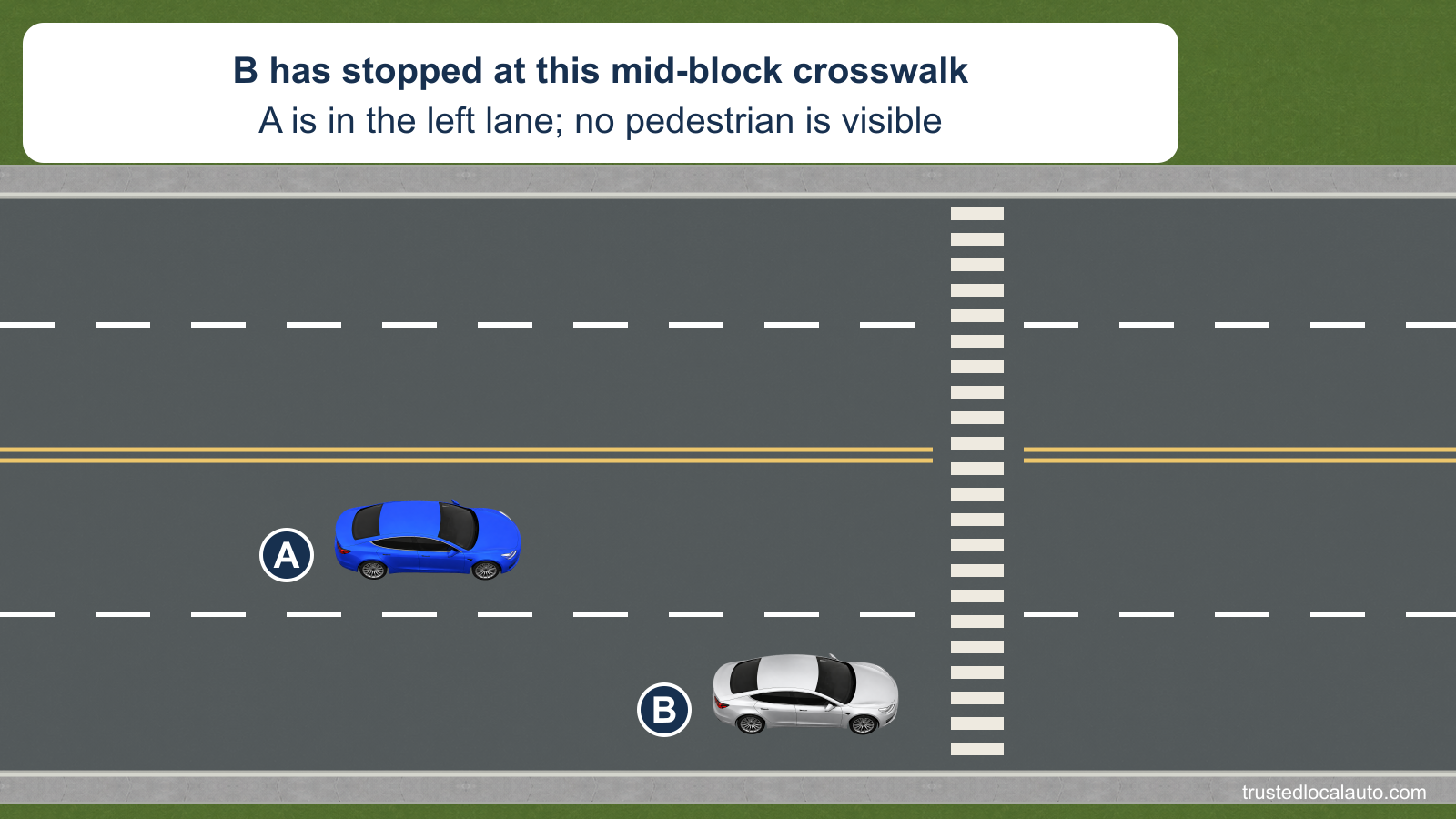 A approaches in the left lane of a four-lane street. B is stopped in the right lane before a marked crosswalk in the middle of the block, and no pedestrian is visible.