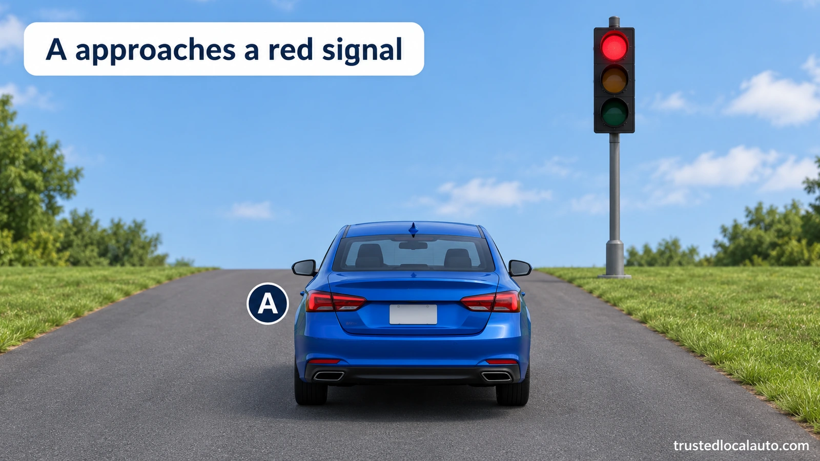 Blue car A approaches a traffic signal with its top red lamp lit. This close approach view does not show the intersection layout or a turn route.