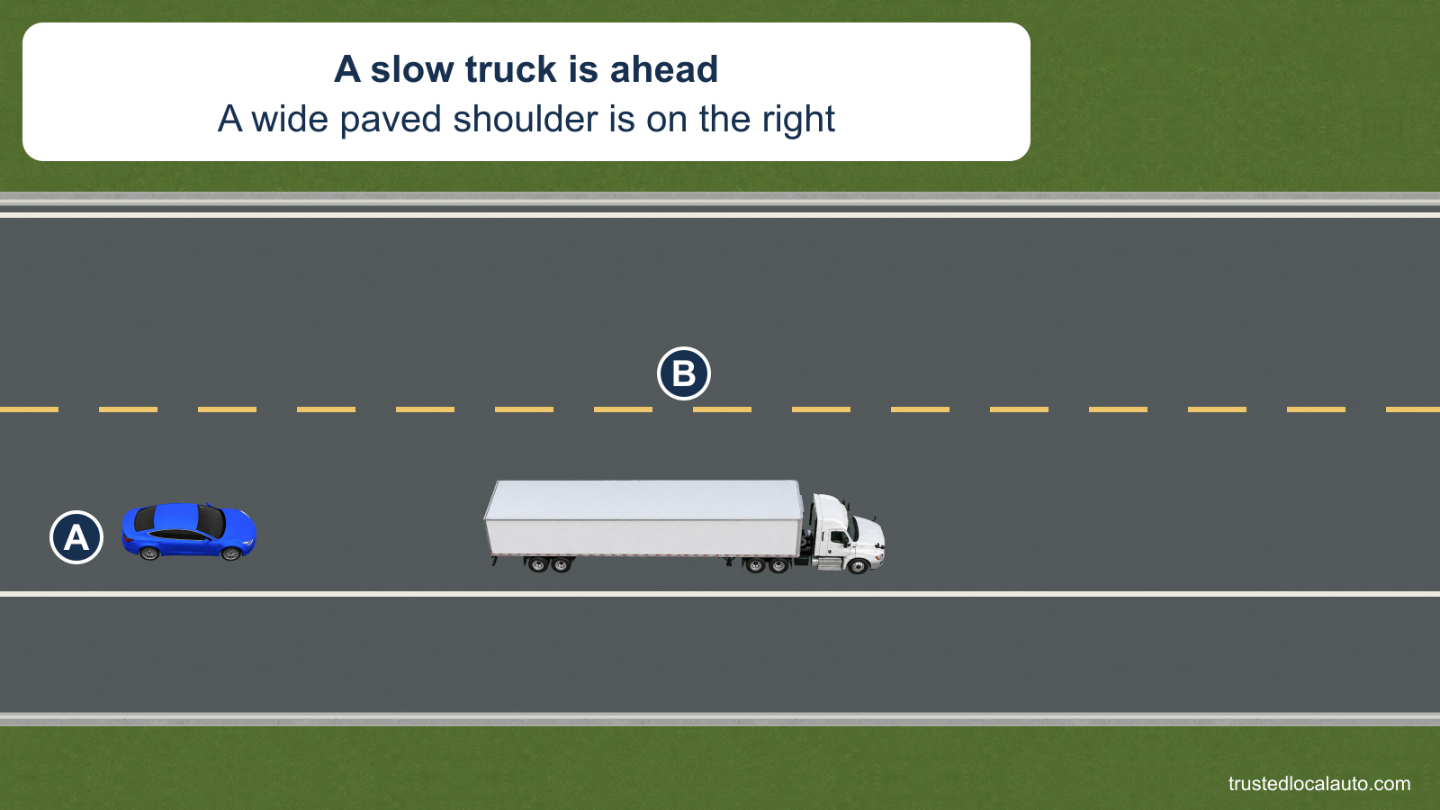 A follows a slow tractor-trailer on a two-lane road with a broken yellow center line. A broad paved shoulder lies beyond the white edge line to the truck’s right.