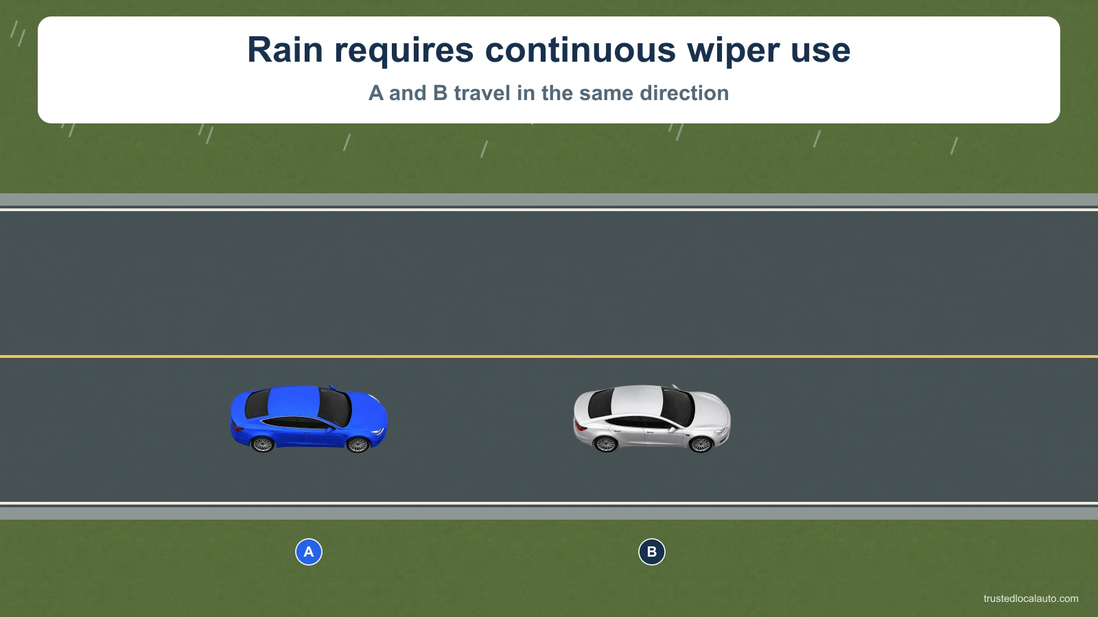 Rain falls over the road. Blue A follows silver B in the same lane. The stated rain requires continuous windshield-wiper use; the image does not show a selected lighting mode.