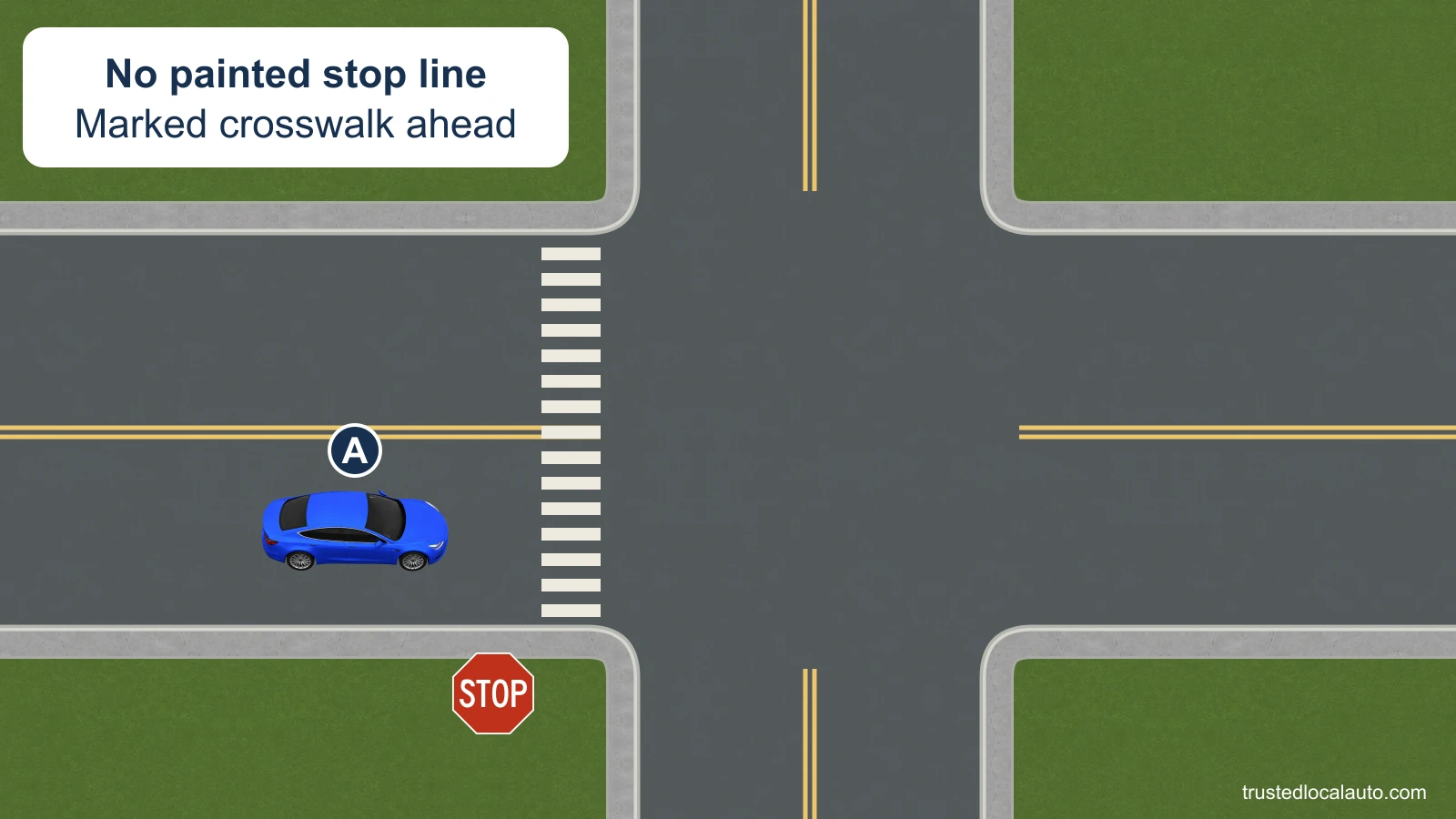 A approaches a STOP sign and a marked crosswalk before the intersection. No stop line is painted before the crosswalk.