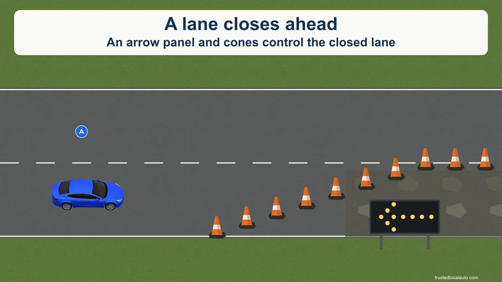 A is approaching a cone taper that closes its lane. A black arrow panel beyond the taper shows an amber left arrow.
