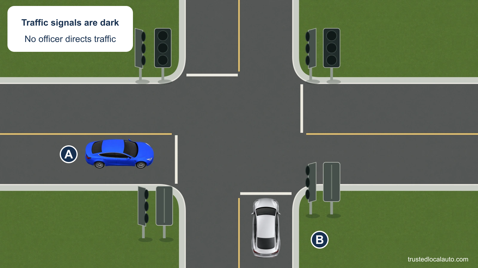 A approaches from the left and B from below at an intersection where every traffic signal is dark. Both vehicles are before their stop lines, and no officer directs traffic.