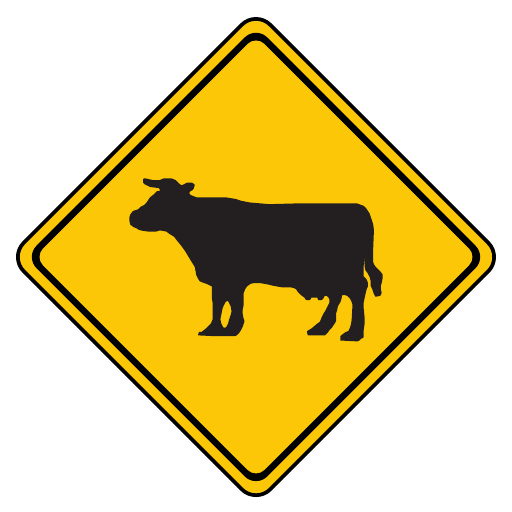 A yellow diamond with a black inset border shows a broadside dark cow facing left, with four legs and a hanging tail.