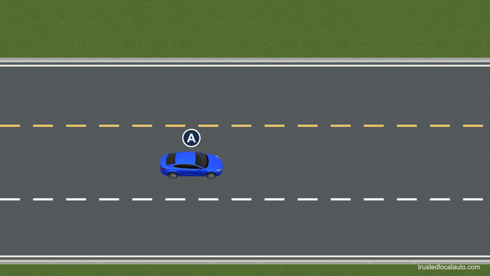 A’s lane has a broken yellow line on its left and a broken white line on its right. The image leaves the adjacent lanes’ traffic direction unmarked.