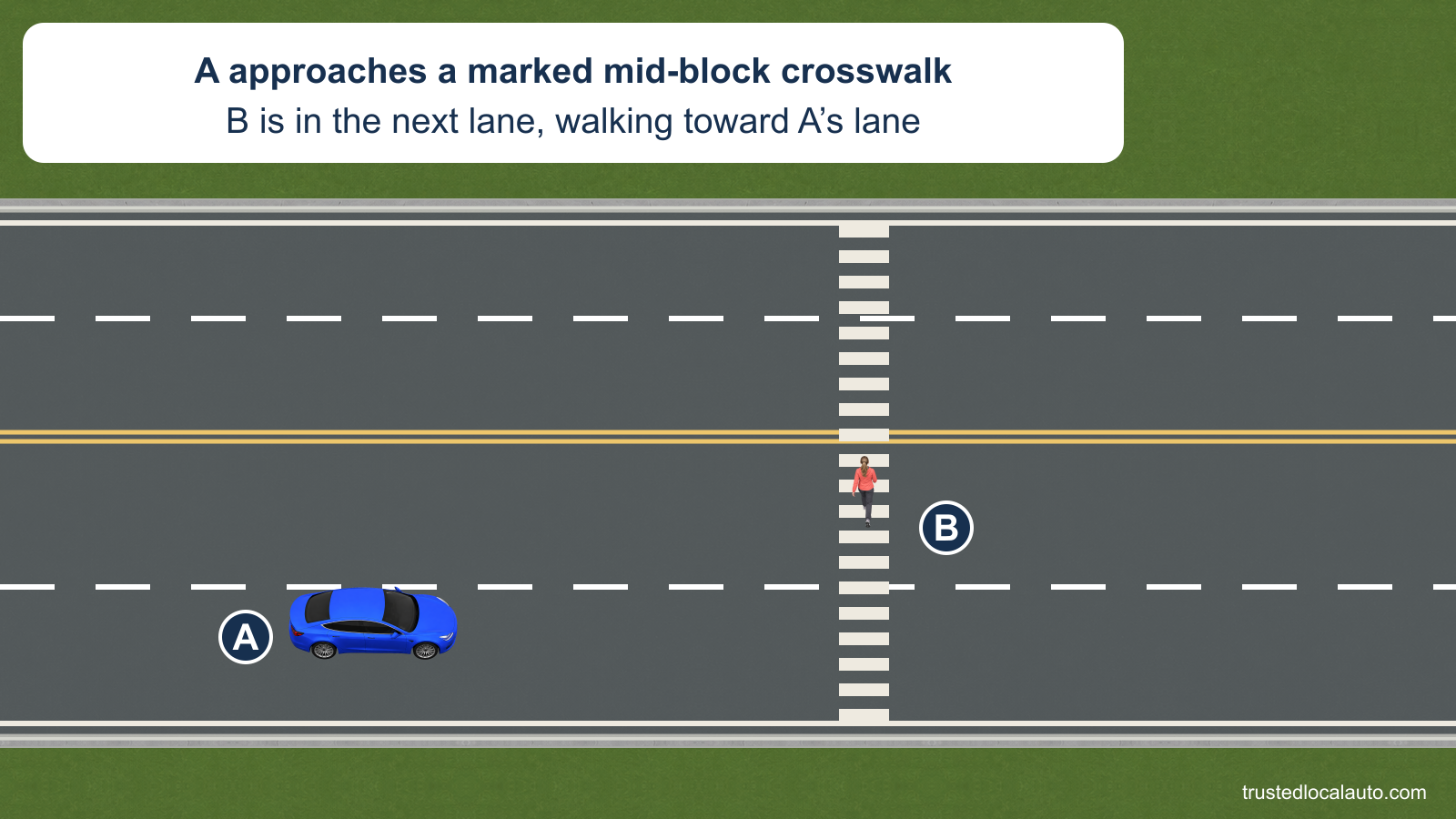 A approaches a marked midblock crosswalk in the right lane. B is in the adjacent left lane, walking toward A’s lane.
