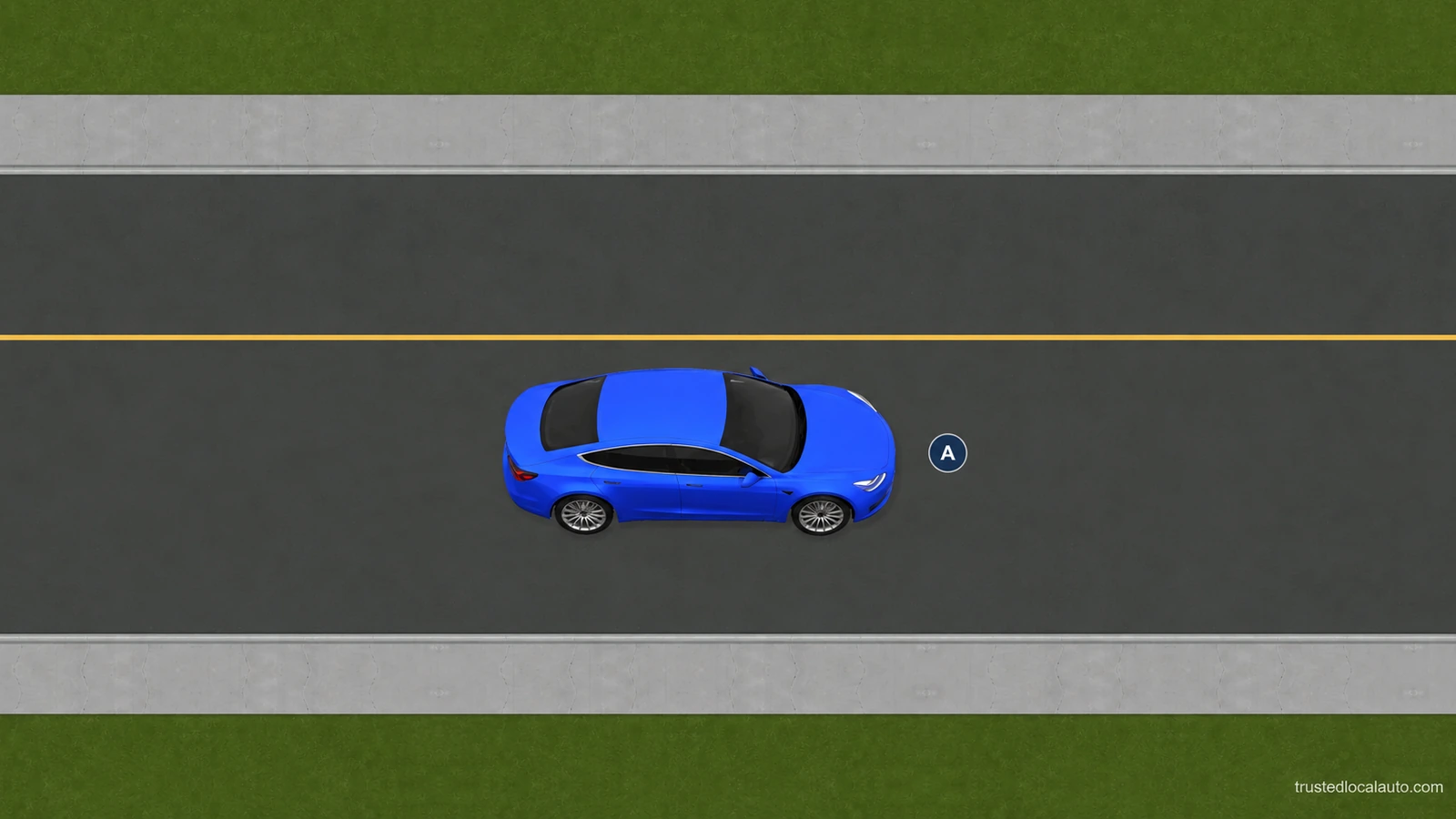 A travels along a road with a curb, away from a finished parking position. There is no dimension inset or curb-distance label.