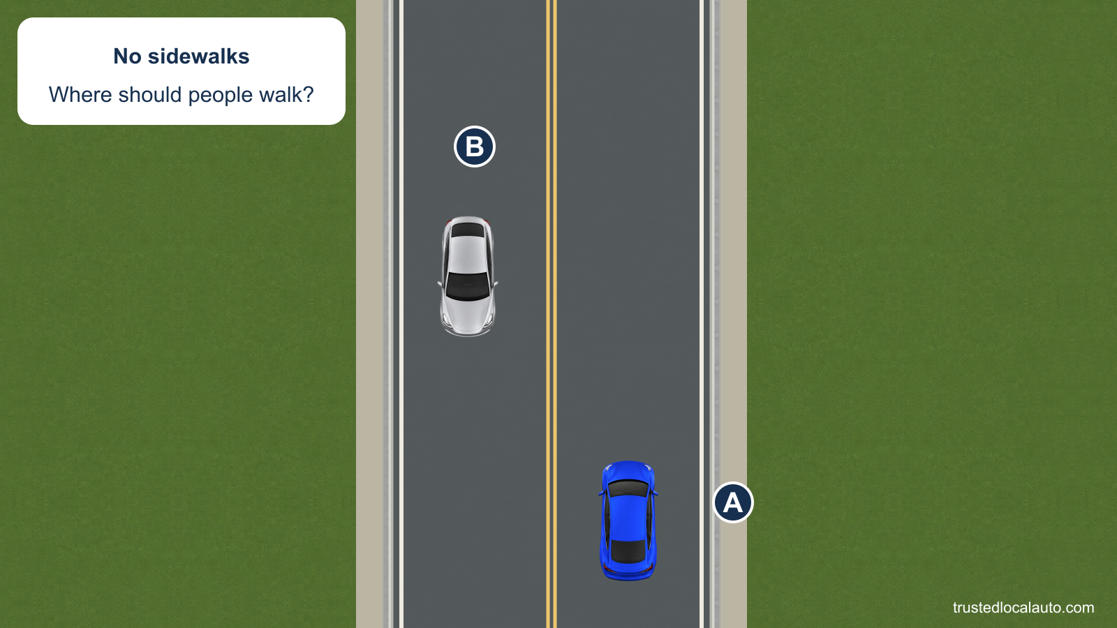 A rural two-way road runs vertically and has shoulders but no sidewalks. Blue A travels north and silver B south. There is no pedestrian or selected walking side in the question.