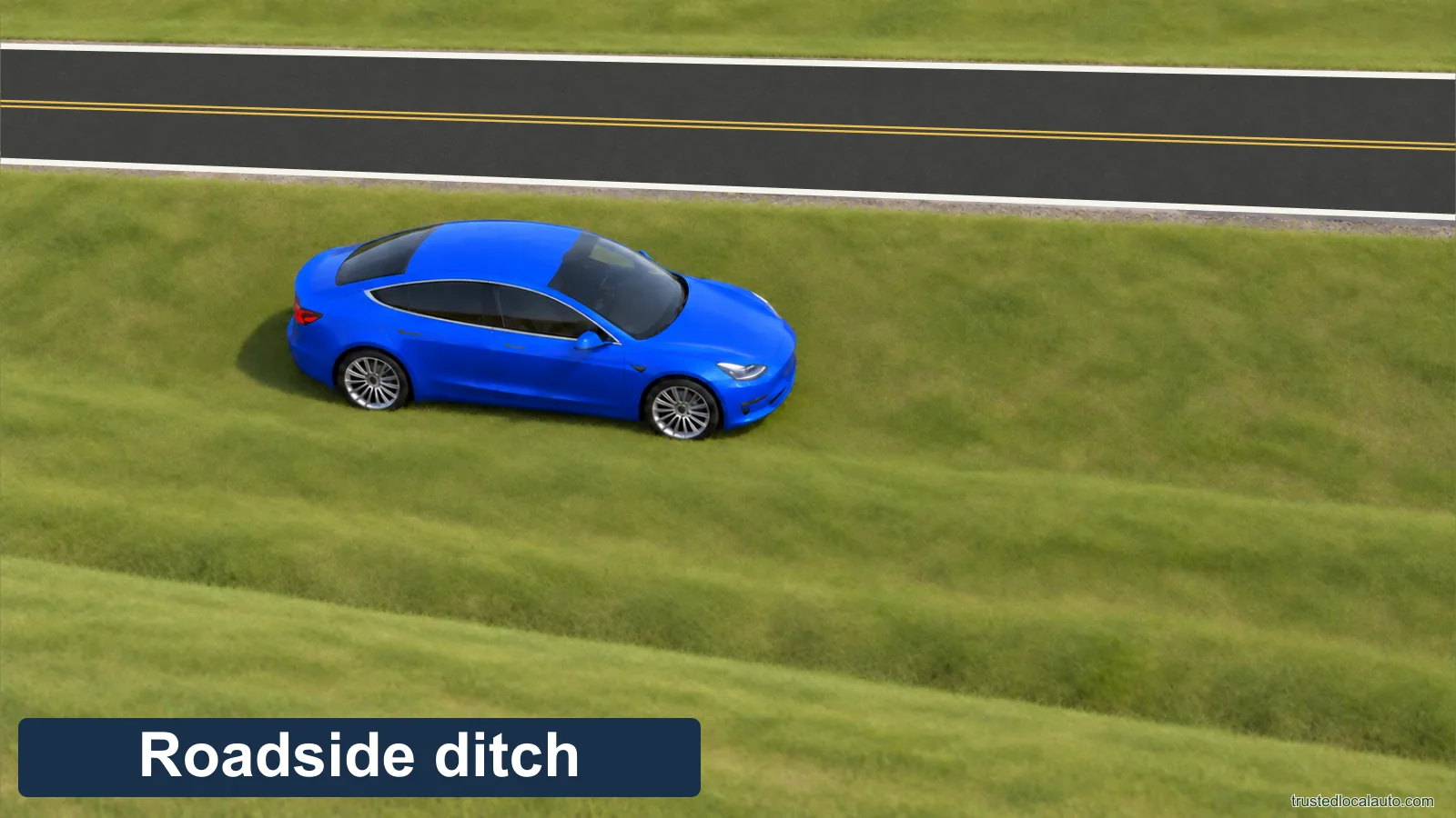 A car is on the slope of an open roadside ditch below the roadway, with no hard obstacle in its immediate downhill path.