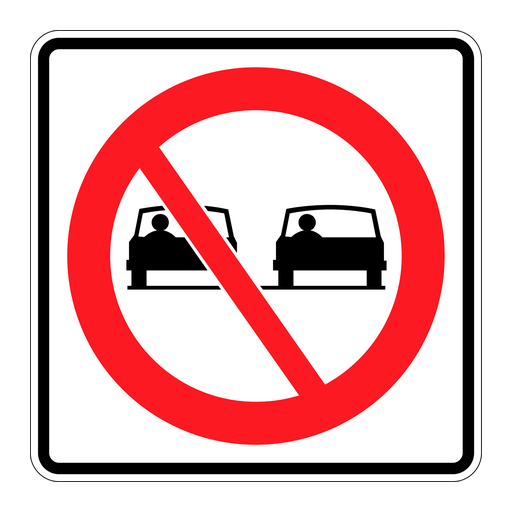 White square with two black front-facing cars beneath a red circle and diagonal slash.
