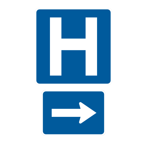 A blue square with a white H is above a separate blue plaque with a white arrow pointing right.