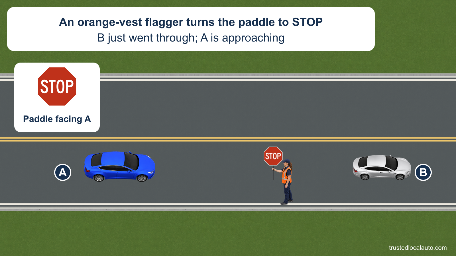 An orange-vest flagger holds the STOP side of a paddle toward approaching blue car A. Silver car B has just passed the flagger; an enlarged detail shows the same STOP face.