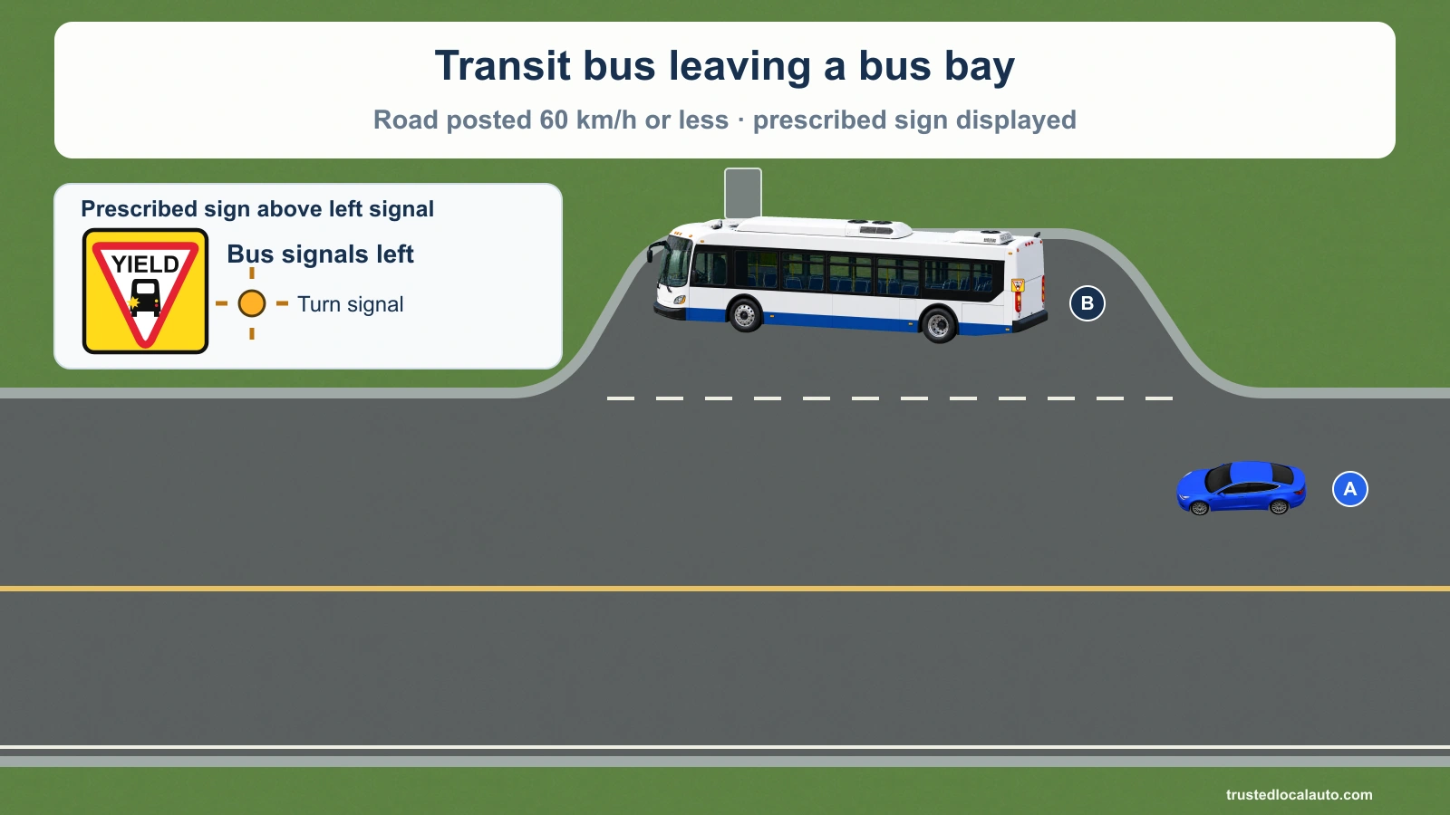 Blue car A approaches from behind bus B, stopped in a bay and signalling to enter the nearest lane. The road is posted at 60 km/h or less; the prescribed NS rear sign is shown above the left turn signal.