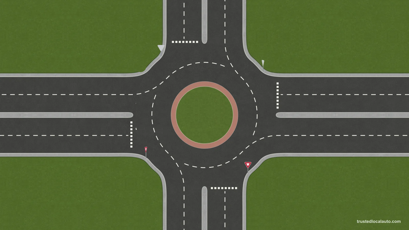 An empty roundabout with a central grass island, two circulating lanes, entry markings and approach roads. There are no cars or circulation arrows.
