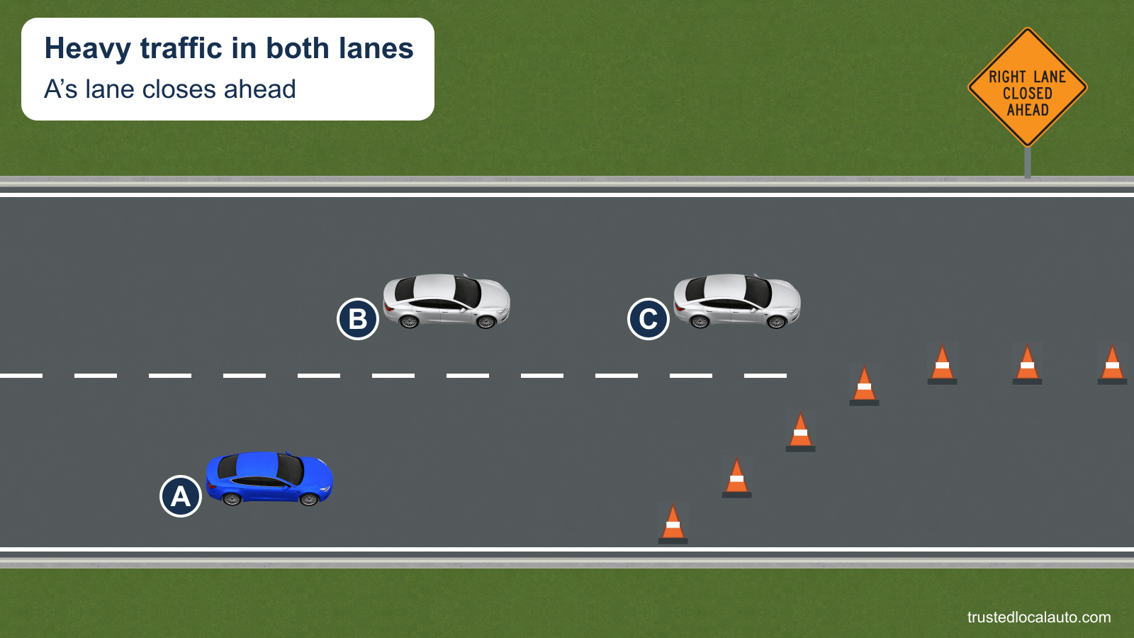A is in the right lane beside slow traffic in the left lane. Approved cones form a temporary taper over continuous pavement. An orange RIGHT LANE CLOSED AHEAD sign stands on a mast on the upper grass. No merge route is selected.
