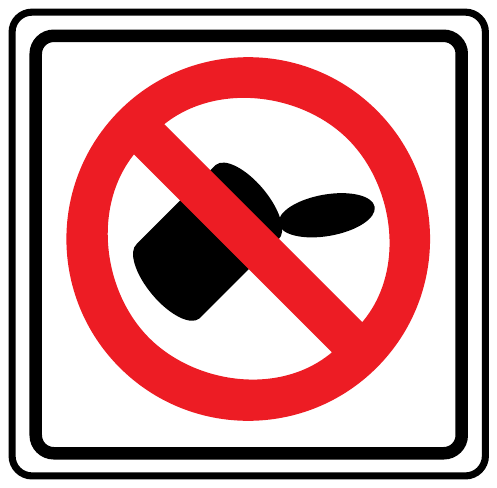 A white square sign with a red circle and diagonal slash over a black tilted container and a separate oval object.
