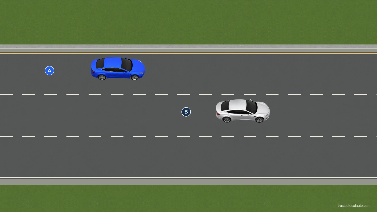 A blue car travels in the leftmost of three same-direction expressway lanes beside a white car in the middle lane.