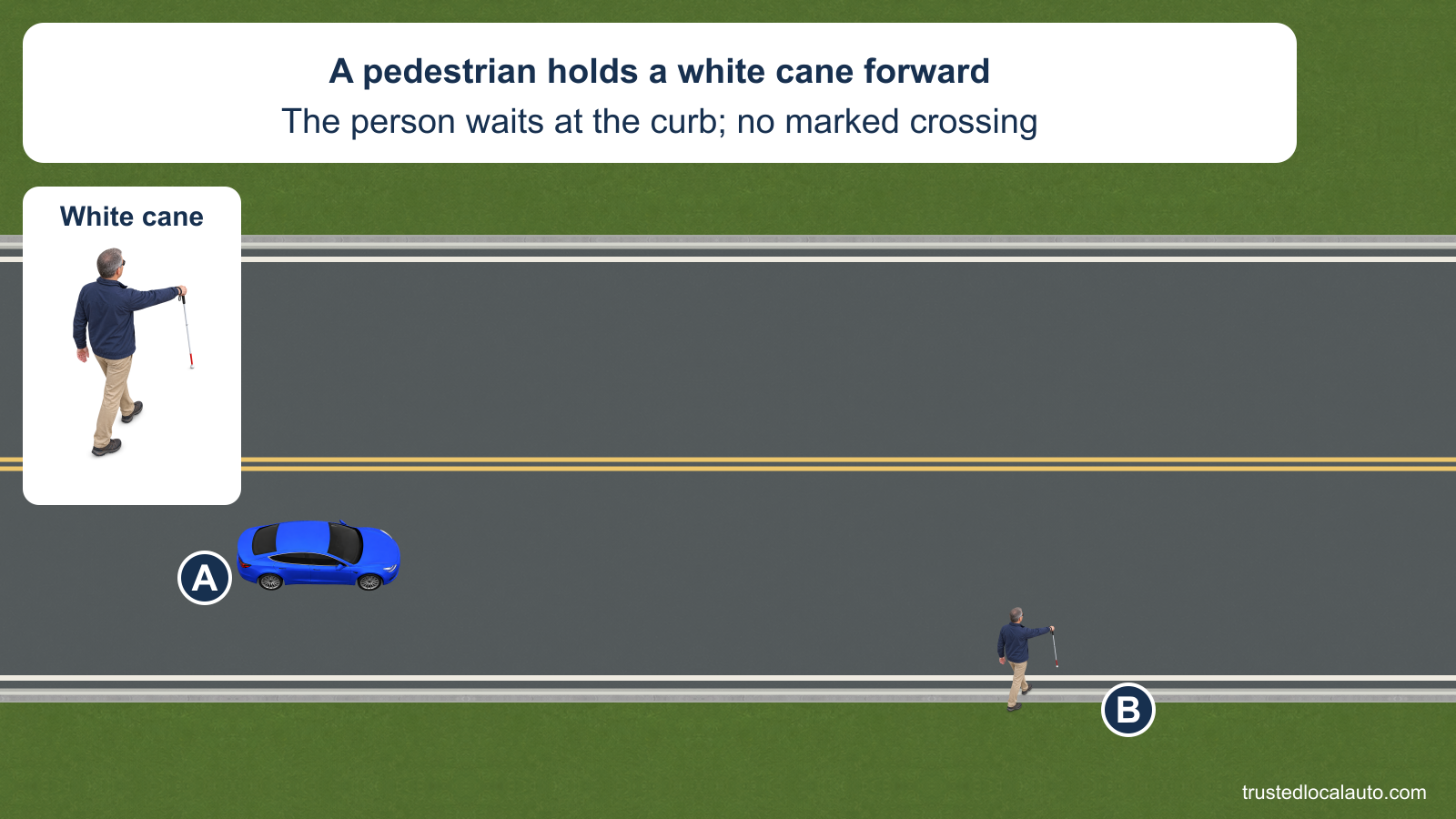 A approaches a pedestrian at the right curb holding a white cane forward. A close-up shows the same cane and person more clearly. There are no crosswalk stripes and the person remains at the curb.
