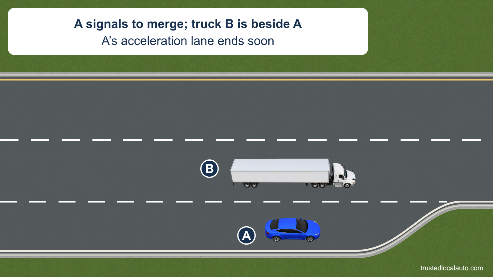A signals to merge from an acceleration lane that tapers to an end. Truck B is beside A in the freeway’s right through lane; no safe merging path is selected in the question image.
